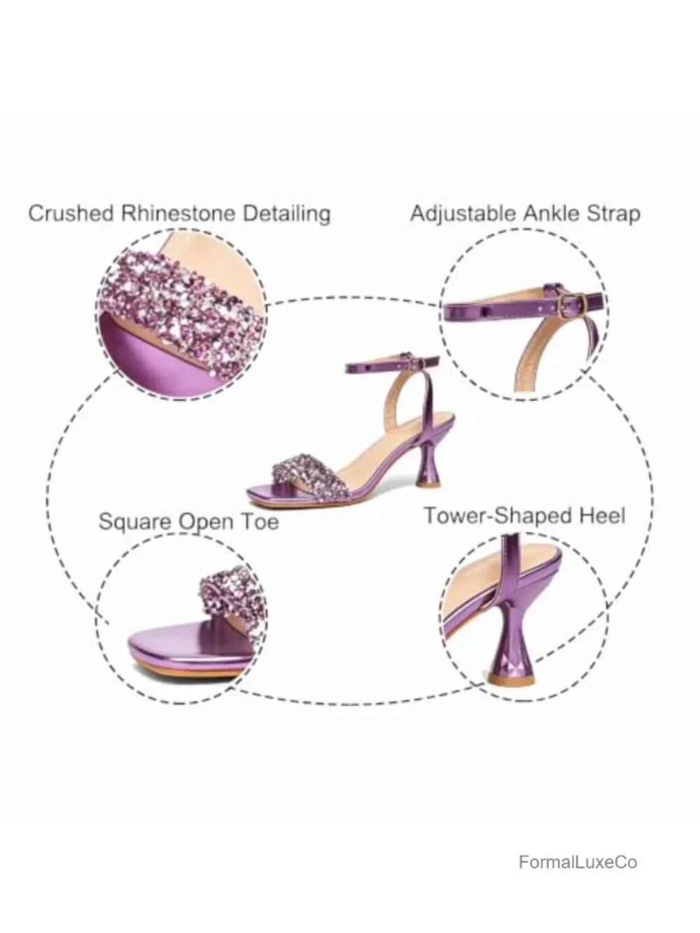 Rhinestone Ankle Strap Heeled Sandals Mid-Heel Square Toe Prom Sandals